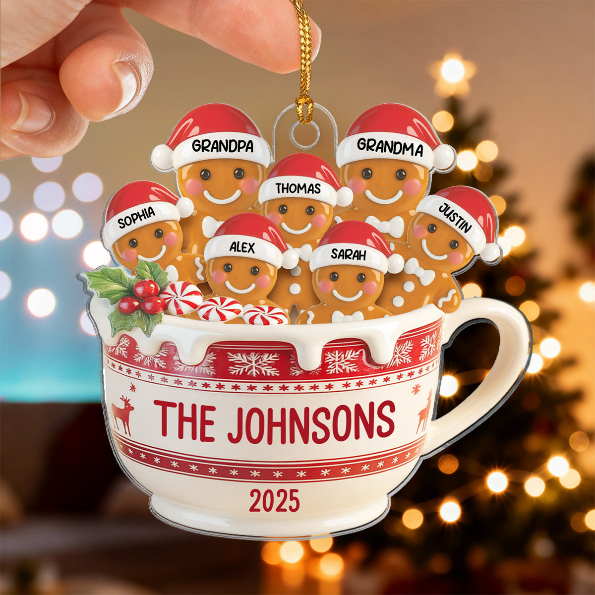 3D Effect Gingerbread Family In Hot Cocoa - Personalized Acrylic Ornament