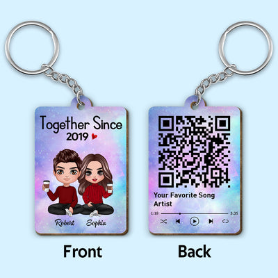 Doll Couple Sitting Together Since Favorite Song Scannable QR Code Personalized Wooden Keychain
