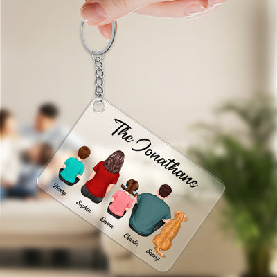 Whole Family Couple Kid Dog Cat Back View Sitting Personalized Acrylic Keychain