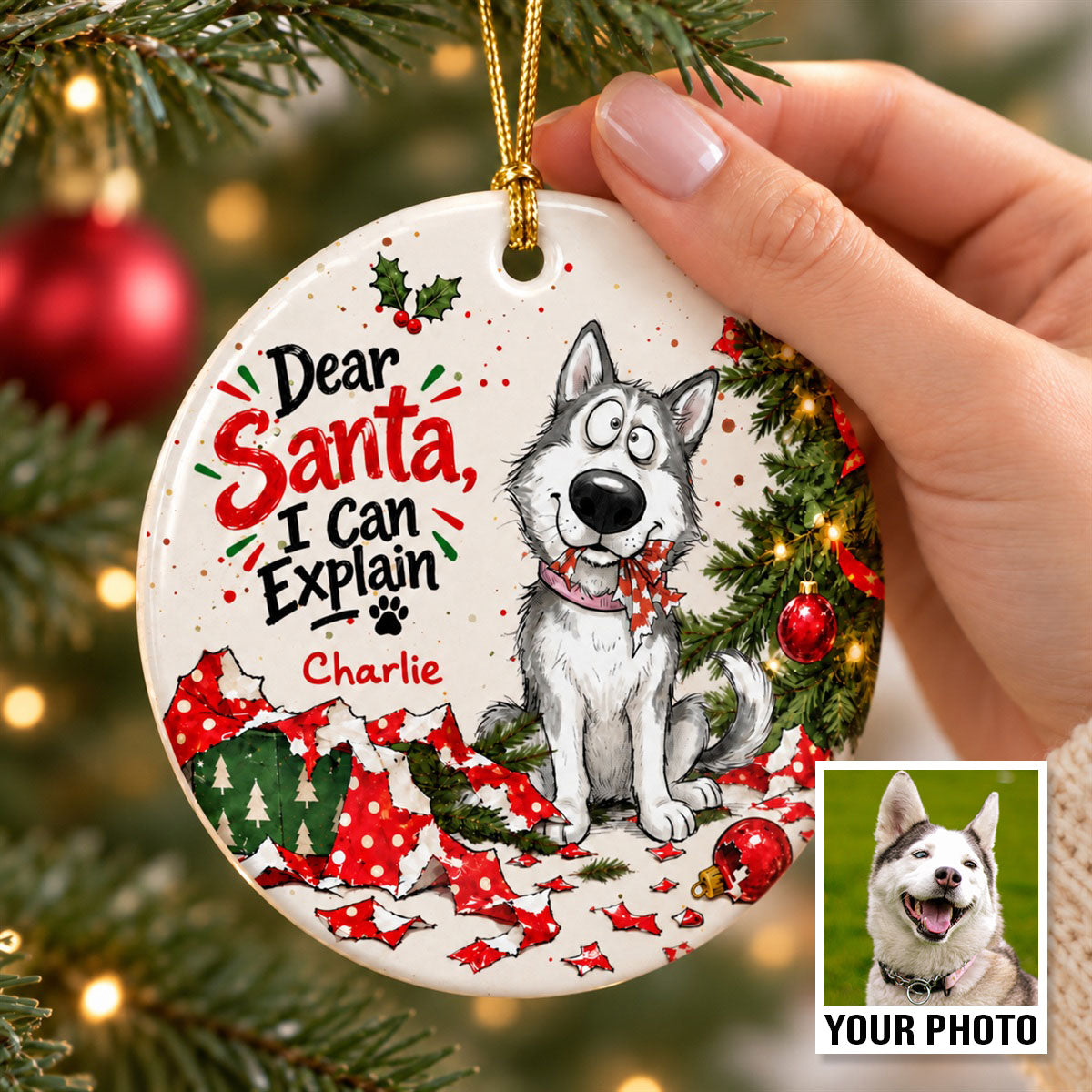 Dear Santa I Can Explain Funny Guilty Dog - Personalized Ceramic Ornament - Funny Christmas Tree Decor For Dog Lovers