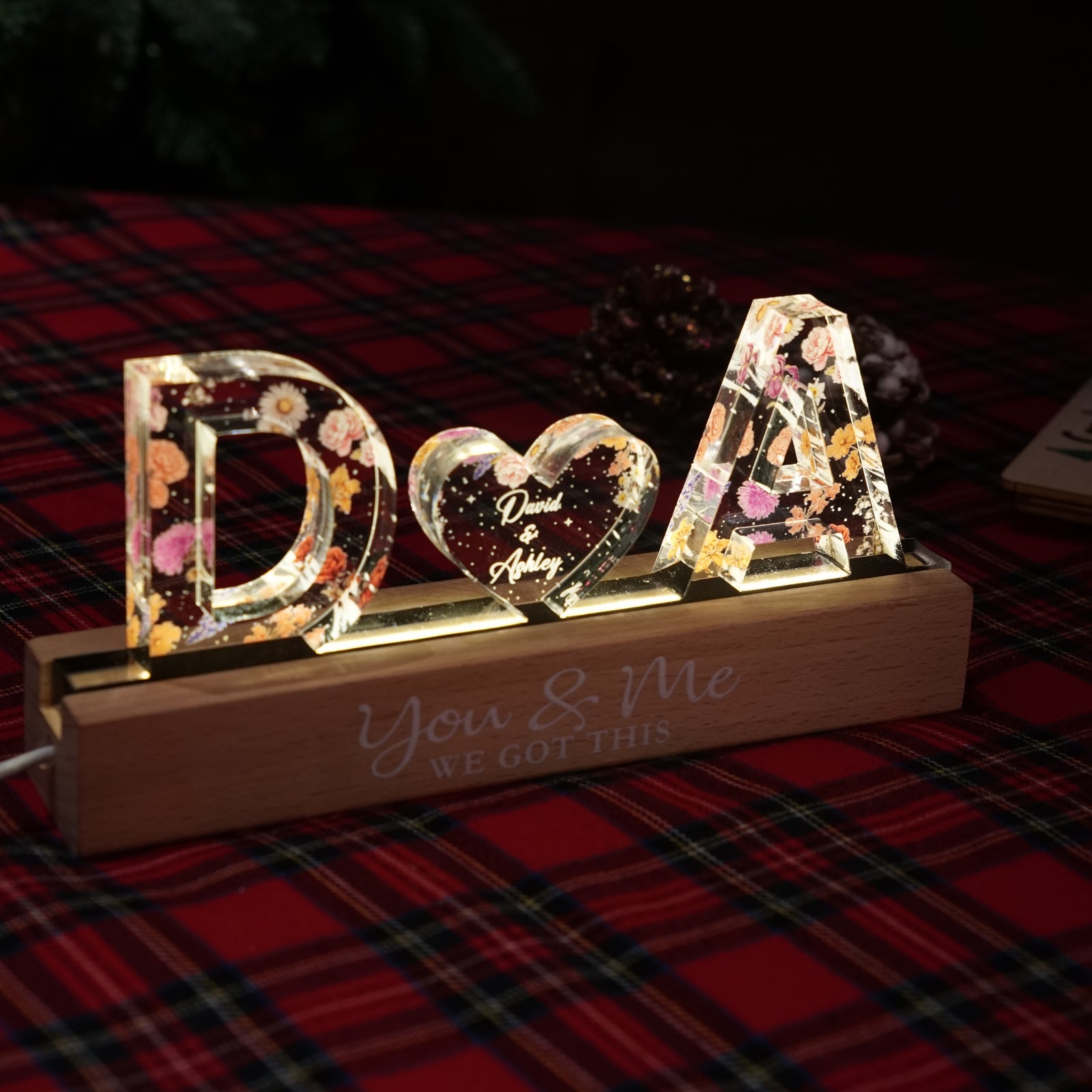Couple Initials Floral Theme - Personalized Acrylic Block Plaque LED Night Light - Gift For Her, Gift For Him