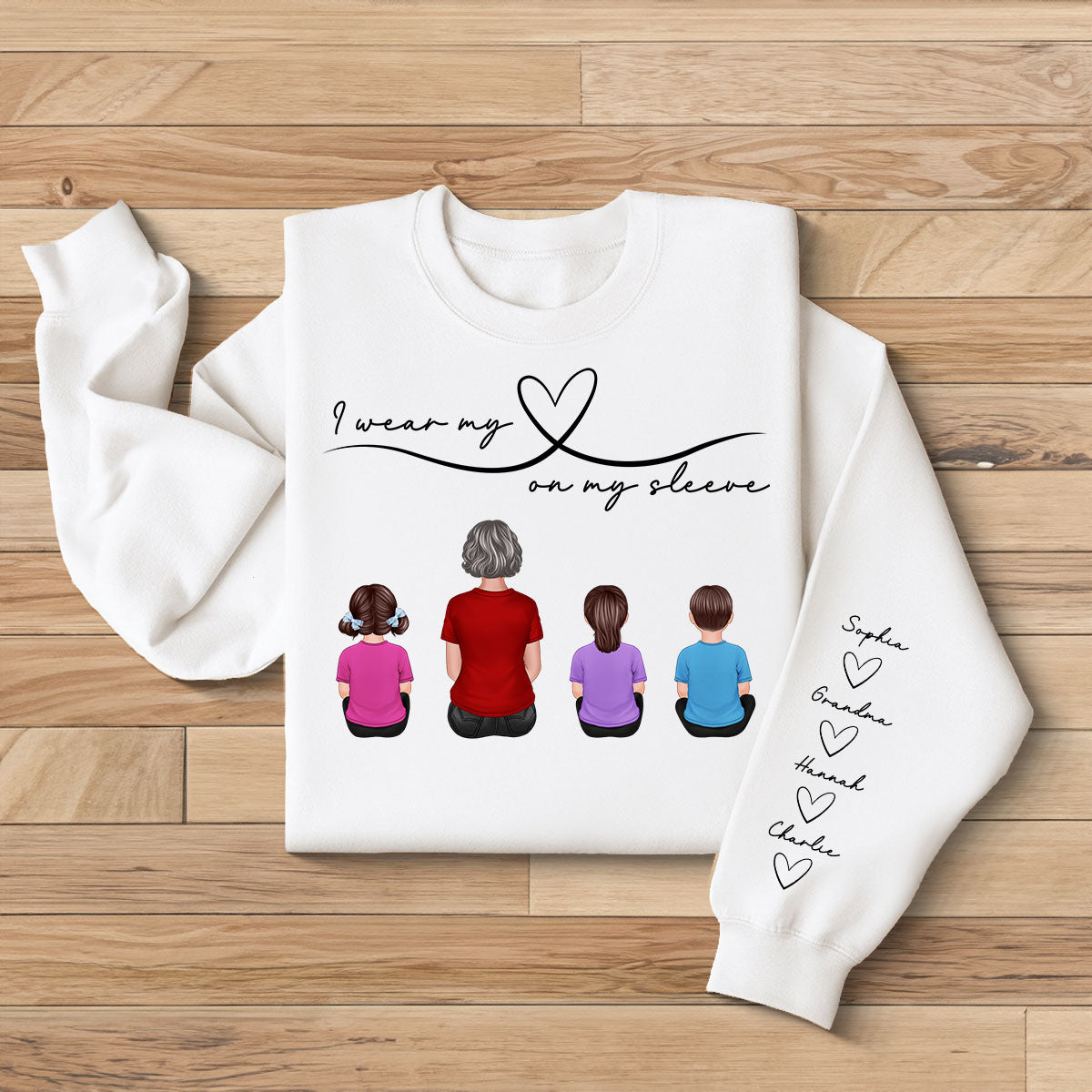 Grandma Mom Wear Her Heart On Her Sleeve, Beautiful Heart Design, Personalized Sleeve Printed Sweatshirt