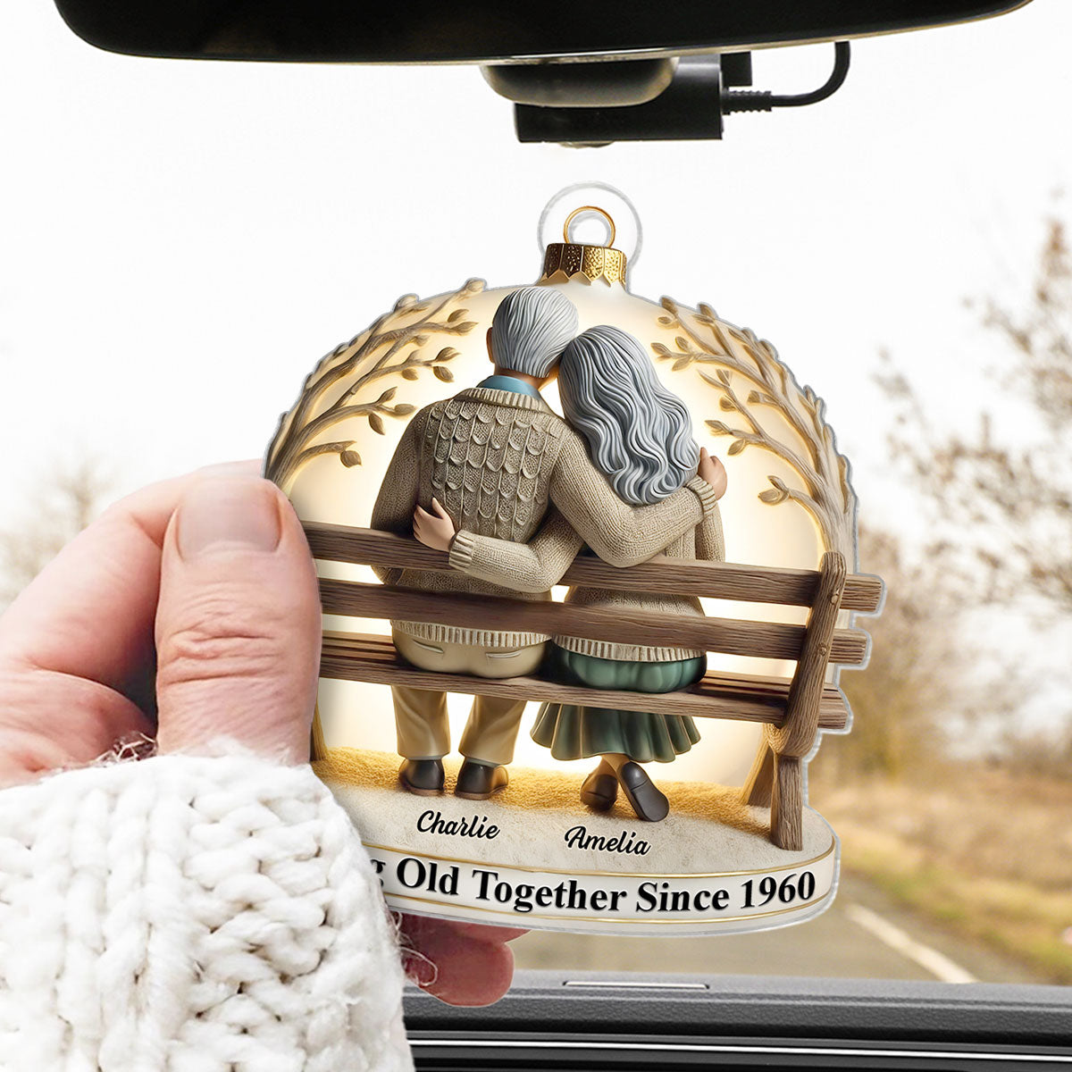 3D Effect Old Couple Sitting On Bench Together Personalized Car Hanger Ornament, Heartfelt Gift For Couple, For Him, For Her, Husband, Wife