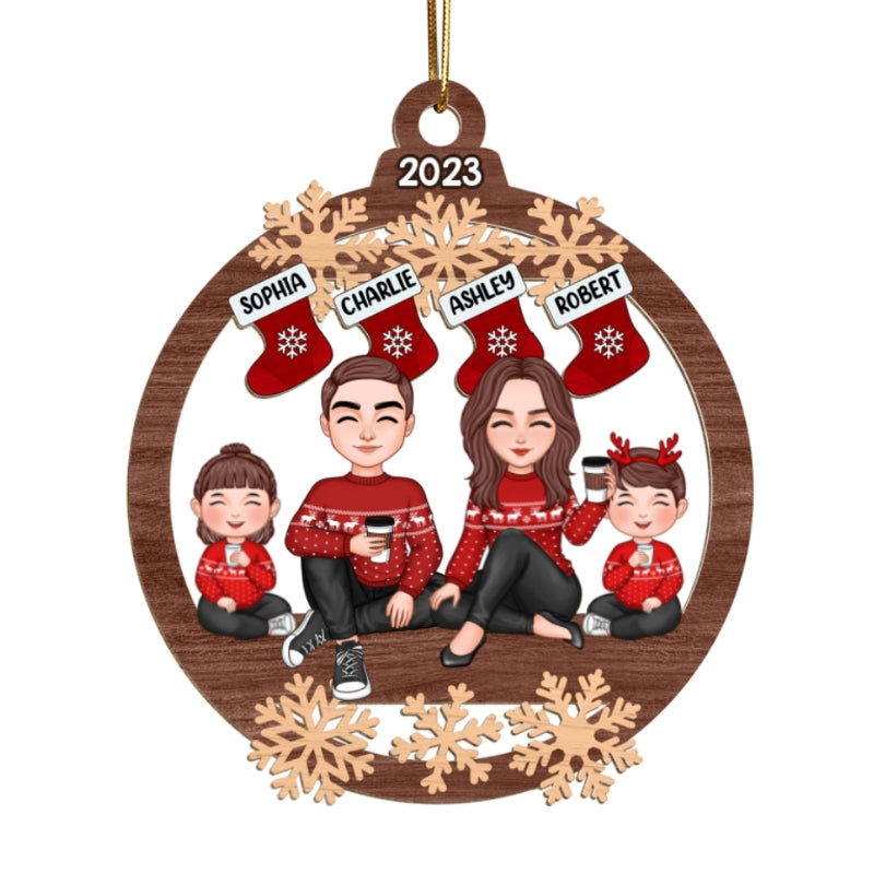 Doll Family Sitting Under Christmas Stocking Personalized Wooden Ornament