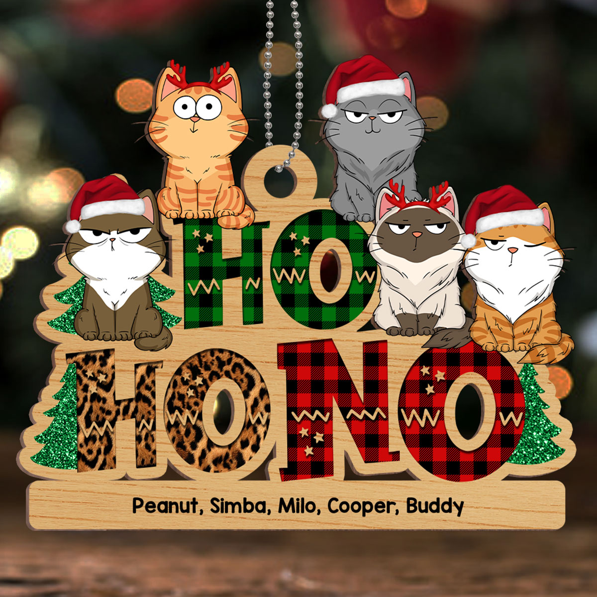 Ho Ho No Christmas Funny Cats Expressions Personalized Wooden Ornament