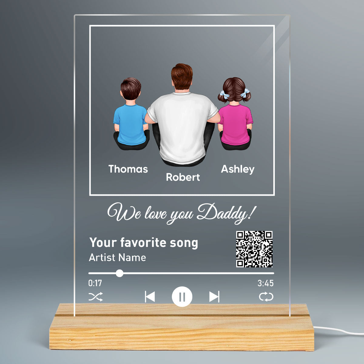 Dad Favorite Song Scannable QR Code Back View Man Kids Dog Cat Personalized Rectangle Acrylic Plaque LED Night Light