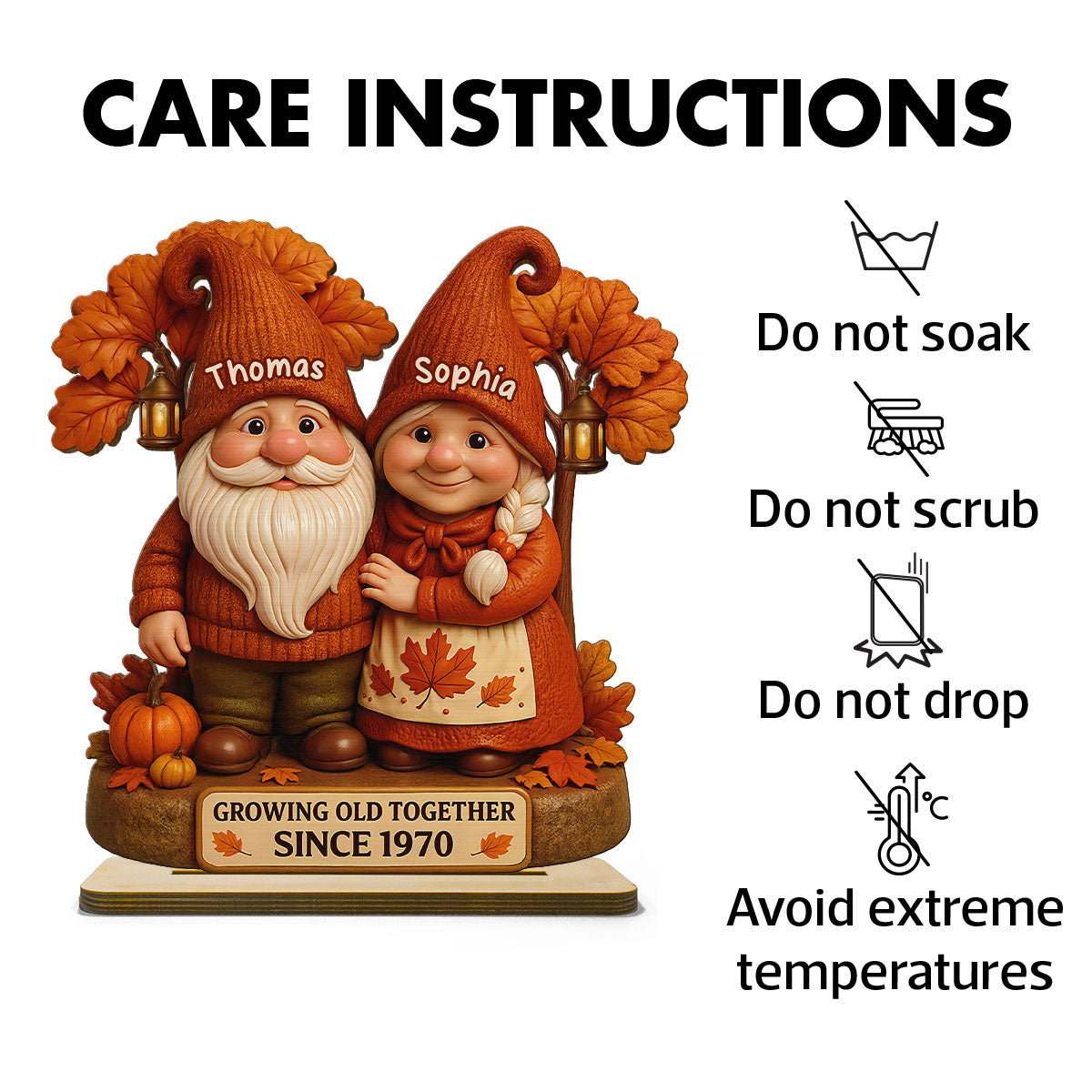 3D Effect Fall Season Gnome Couple Growing Old Together Personalized Standing Wooden Plaque