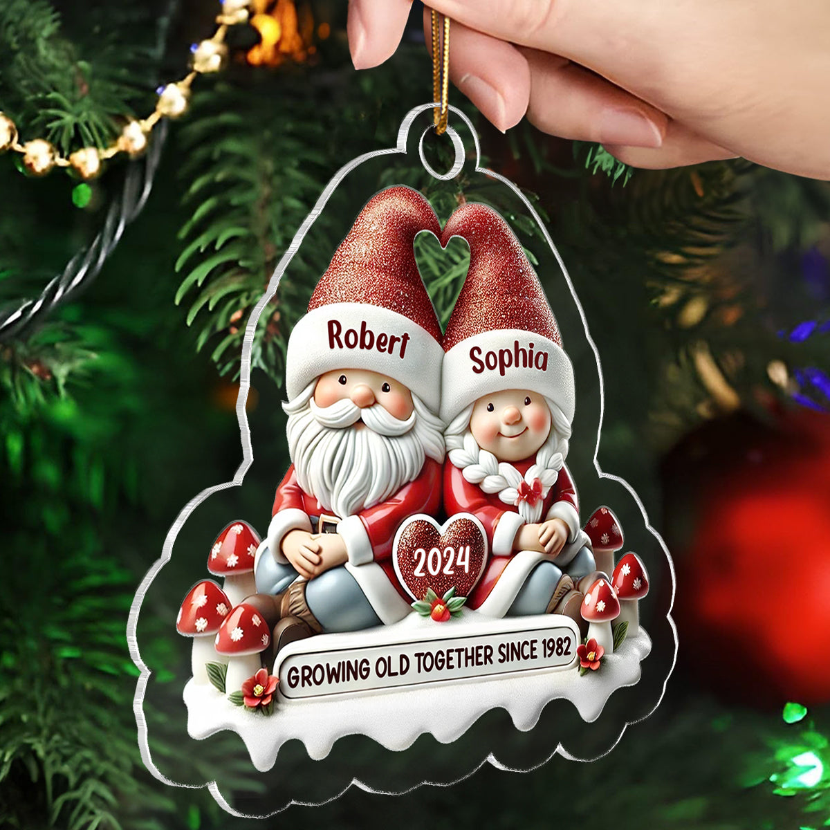 3D Effect Gnome Couple - Personalized Acrylic Ornament - Gift for Him, Gift for Her