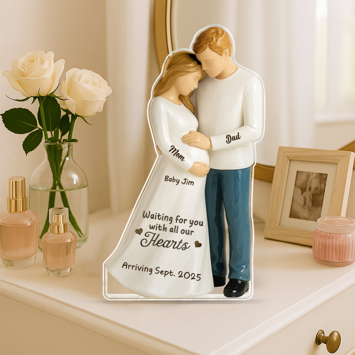 Waiting For You With All Our Hearts 3D Effect Couple Expecting Baby Personalized Acrylic Flat Block Plaque, Baby Shower Gift For Parents-to-be