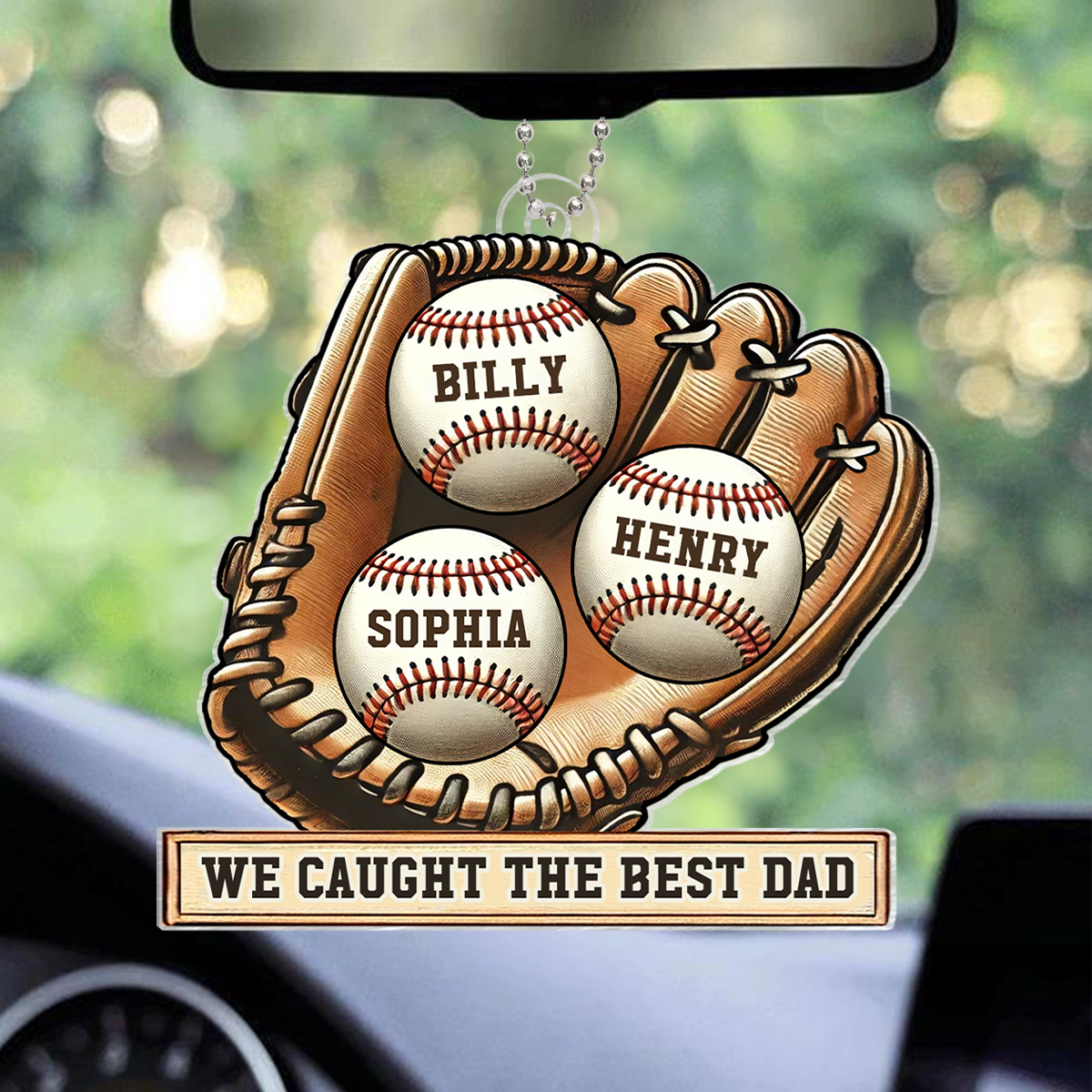 Personalized Acrylic Car Hanger, Father's Day Gift We Caught The Best Dad Baseball, Softball, Custom Kid's Name