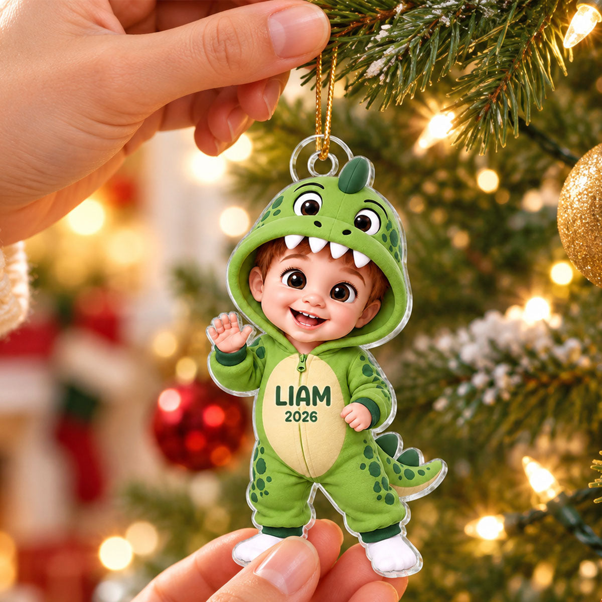 Cute Cartoon Kid With Dinosaur Costume - Personalized Acrylic Ornament - Christmas Gift For Boys, Girls