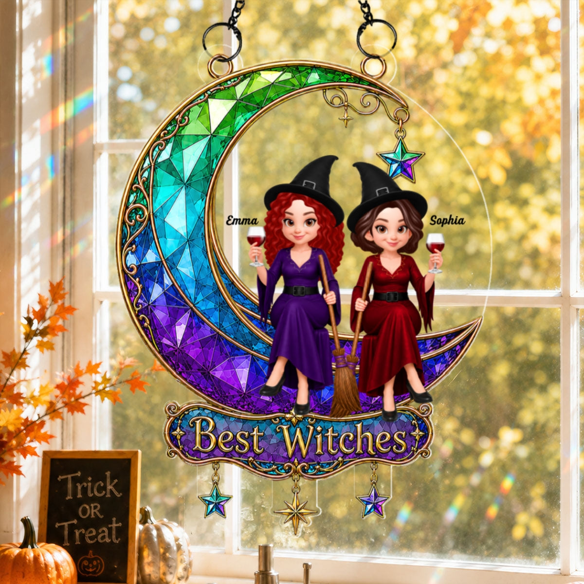 Beautiful Witches Sitting On Moon - Personalized Acrylic Window Hanging - Halloween Decoration For Besties, Girls