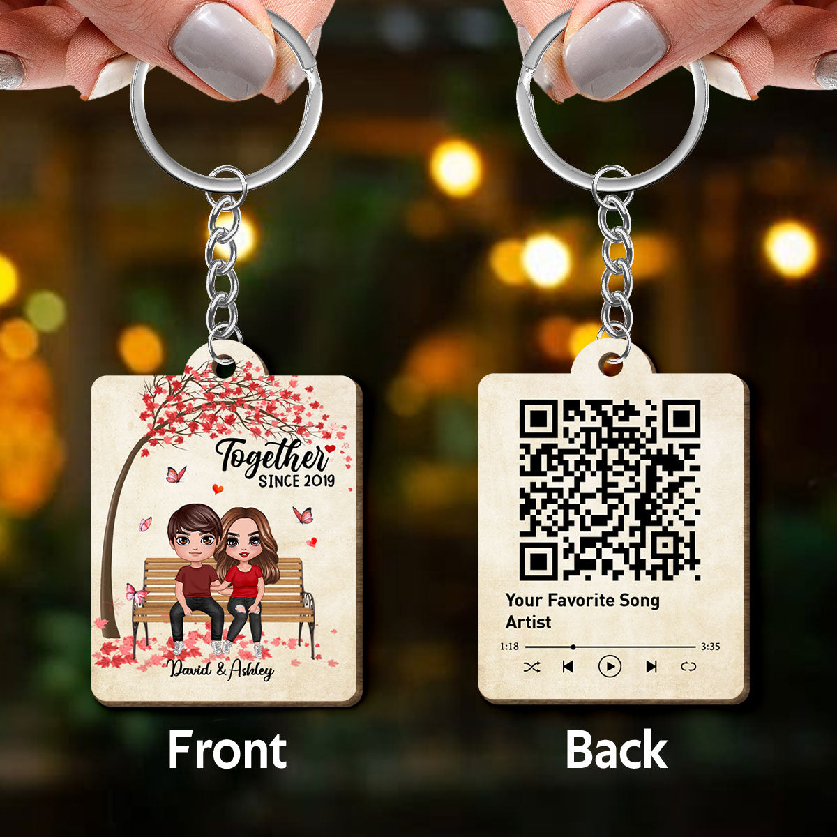 Couple Sitting Under Tree Scannable QR Code Personalized Wooden Keychain