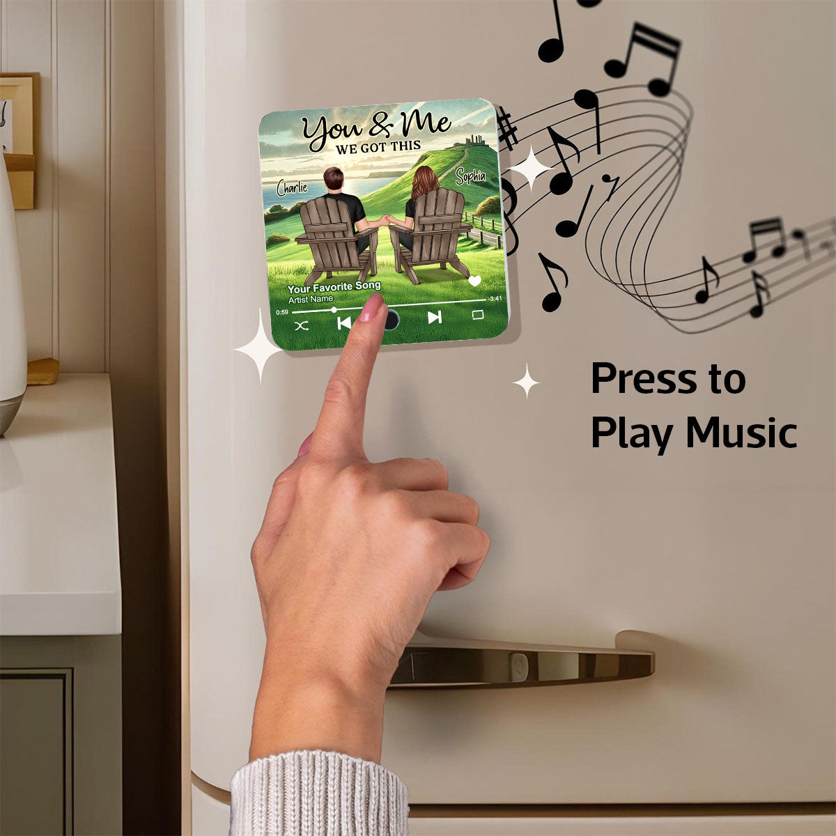 Back View Couple Sitting On Grass Hill Personalized Music Fridge Magnet, Heartfelt Gift For Couple, For Him, For Her