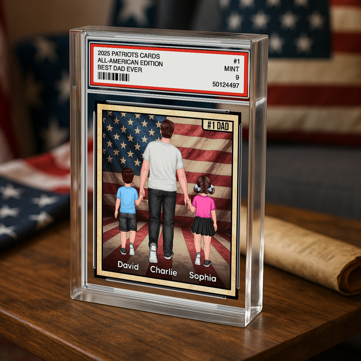 Nation Flag Dad & Kids Walking Patriotic Dad Trading Card Style Personalized Acrylic Block Plaque