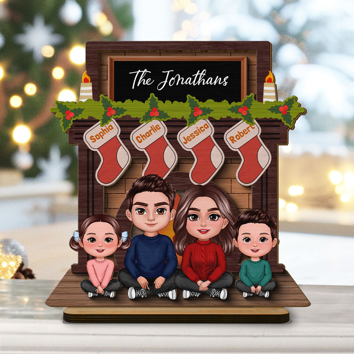 Whole Family Sitting At Christmas Fireplace Personalized 2-Layer Standing Wooden Plaque