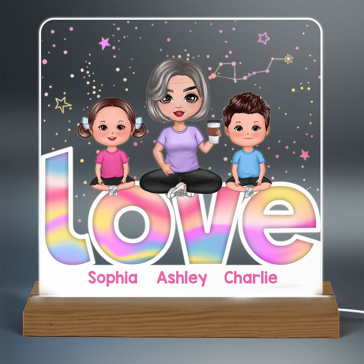 Grandma Grandkids Sitting On Love Personalized Custom Shape Acrylic Plaque With Warm LED Night Light