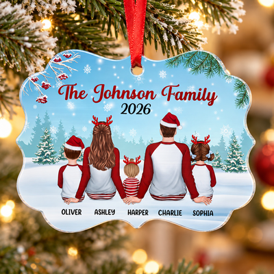 Family In Snow Back View Personalized Christmas Aluminium Ornament