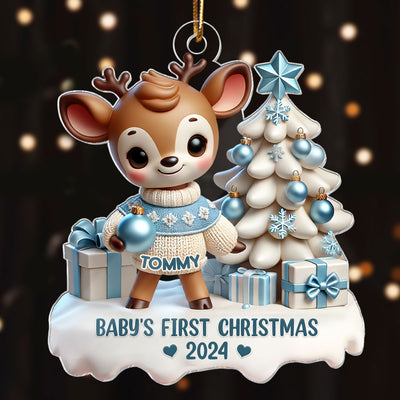 3D Effect Cute Reindeer Baby's First Christmas Personalized Acrylic Ornament, Christmas Gift For Newborns, New Parents