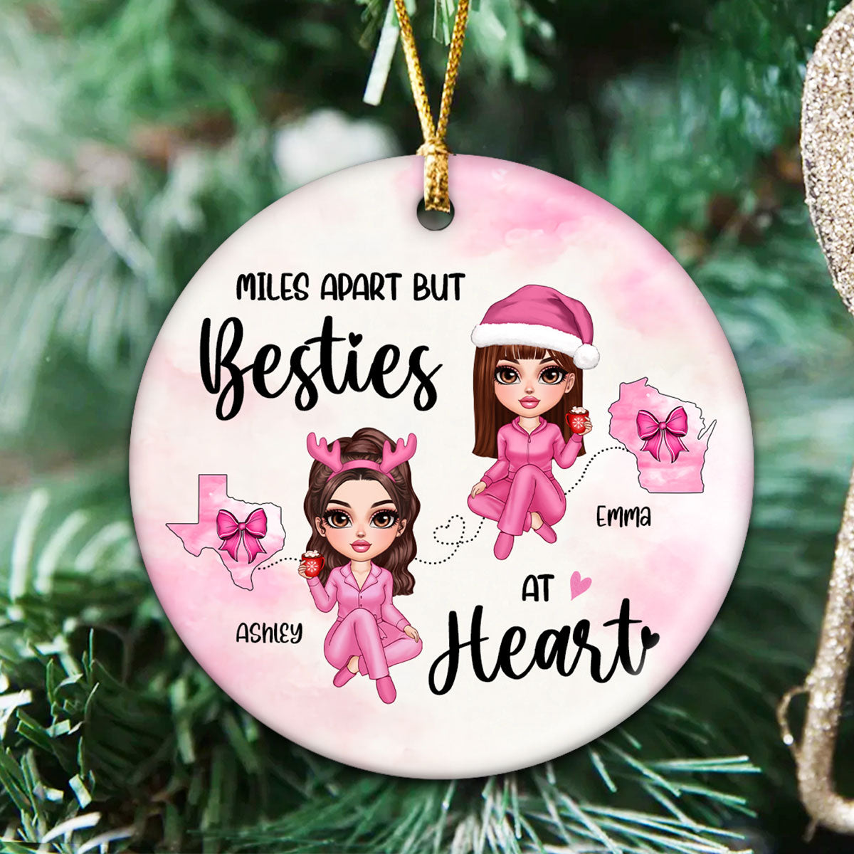 Long Distance Coquette Besties Sisters Personalized Circle Ornament, Christmas Gift