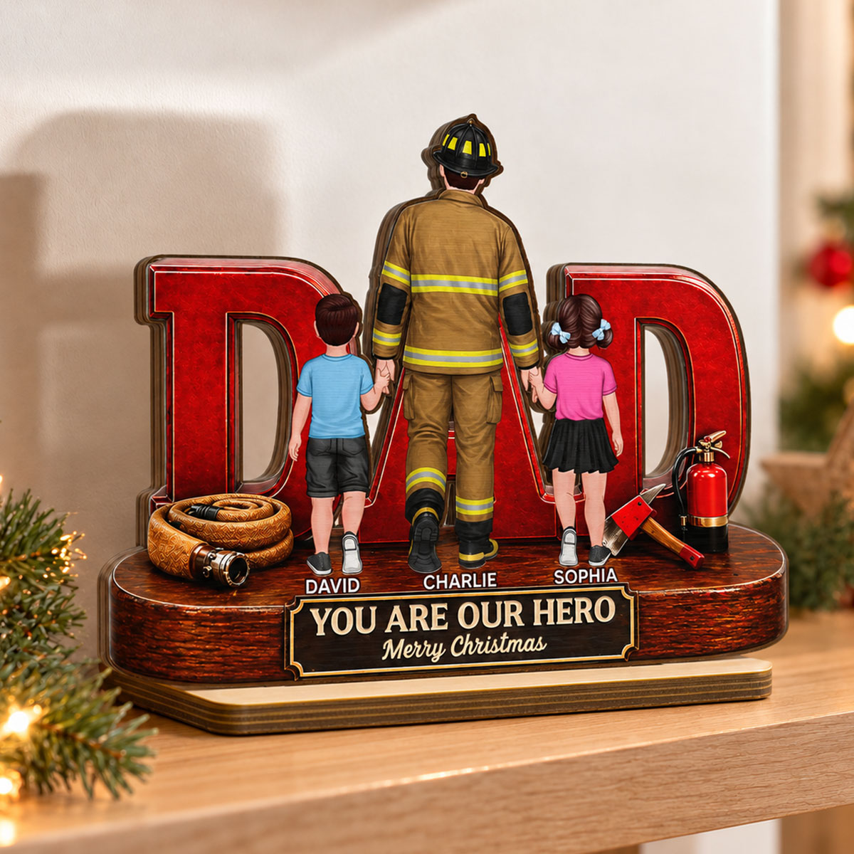 Proud American Firefighter Dad You Are Our Hero - Personalized 2-Layered Wooden Plaque - Christmas Gift For Dad, Husband, Firefighters