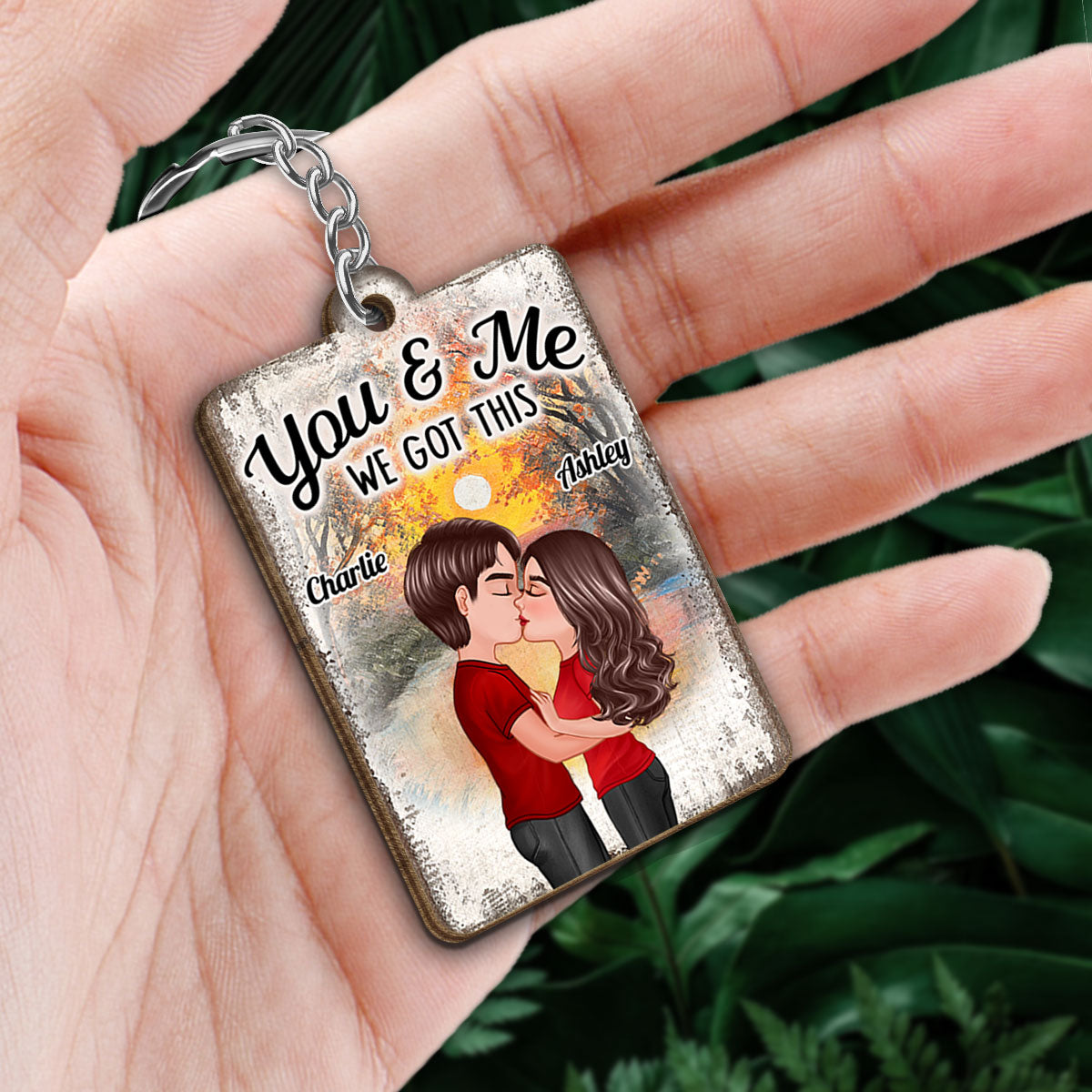 Doll Couple Kissing Sunset Forest Favorite Song QR Code Personalized Wooden Keychain