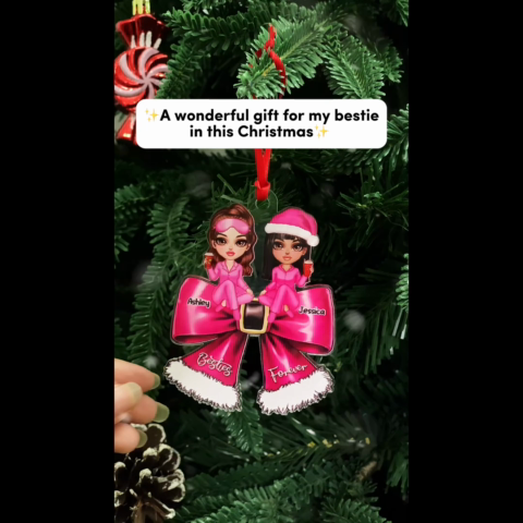 Christmas Coquette Bow Best Friends Personalized Acrylic Ornament, Christmas Gift For Besties