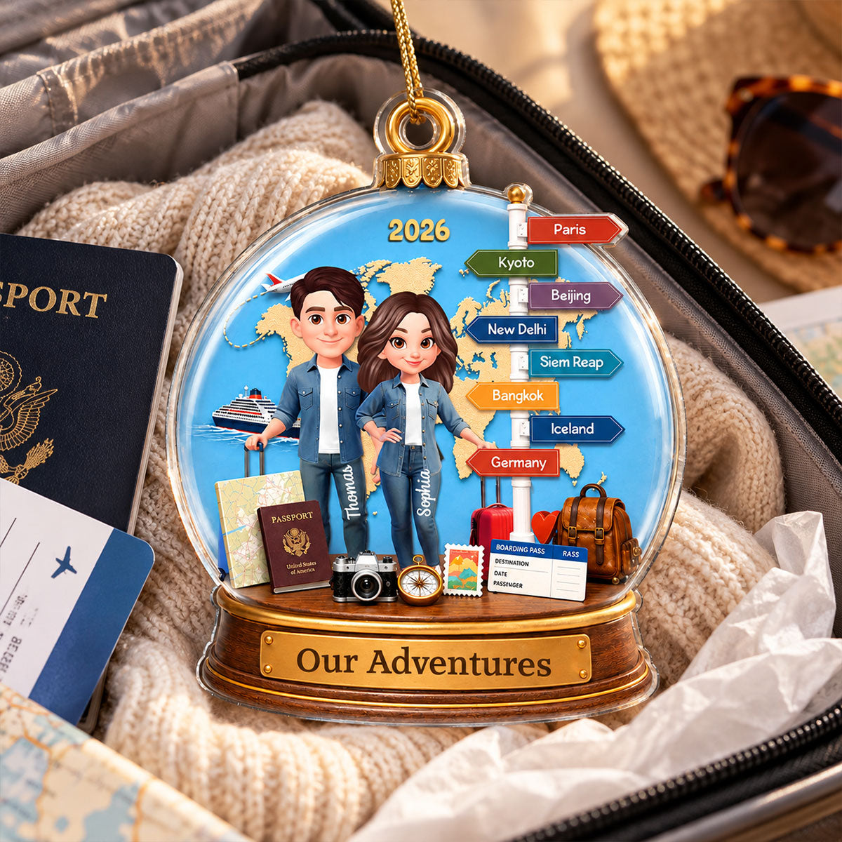 Couple Traveling Destination Travel Adventure 2D Flat - Personalized Acrylic Ornament - Christmas Keepsake, Couple Travelling Gifts
