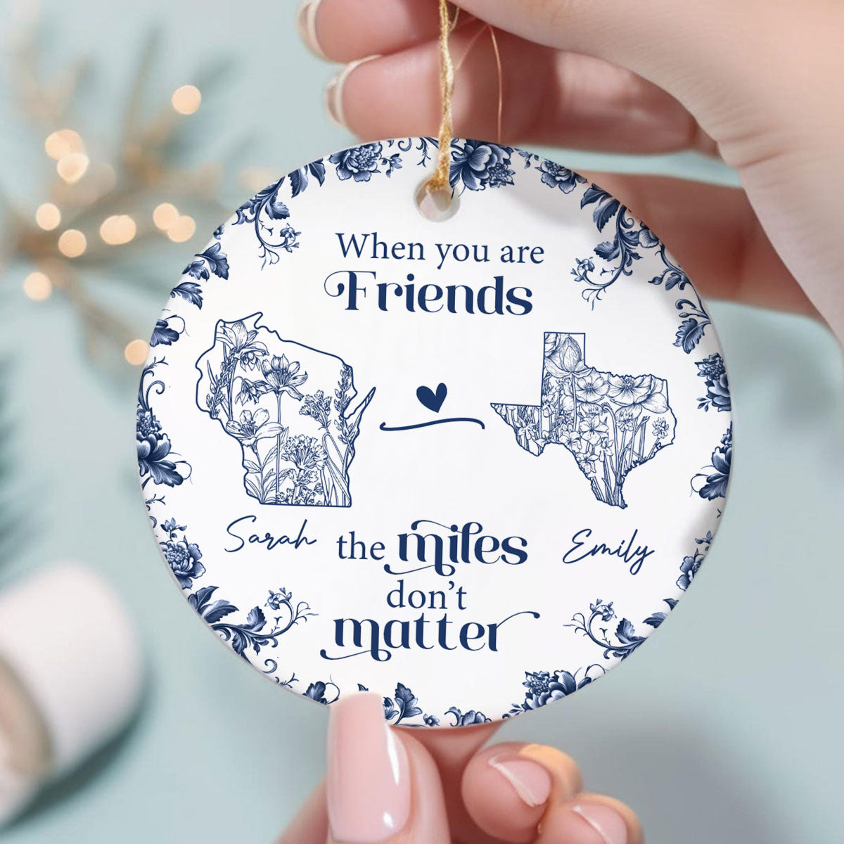 Blue Floral State Map Personalized Long Distance Friendship Ornament, Long Distance Best Friend Gift Moving Away Gift