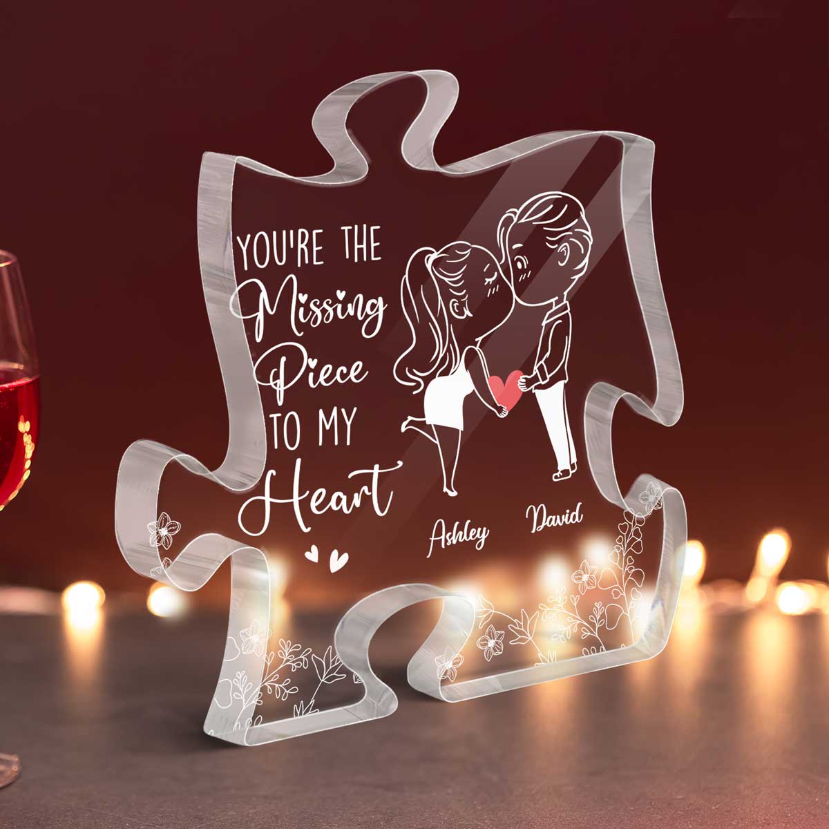 Chibi Couple Outline Missing Piece To My Heart Personalized Puzzle Acrylic Plaque