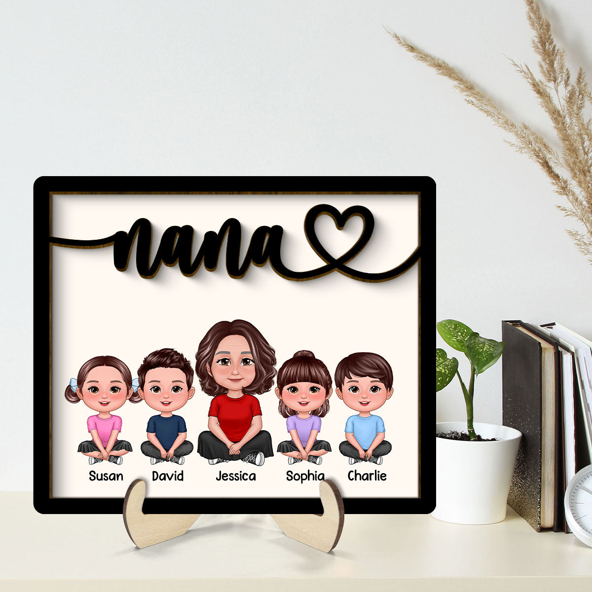 Grandma Grandkids Sitting Crossed Legs Personalized 2-layer Wooden Plaque