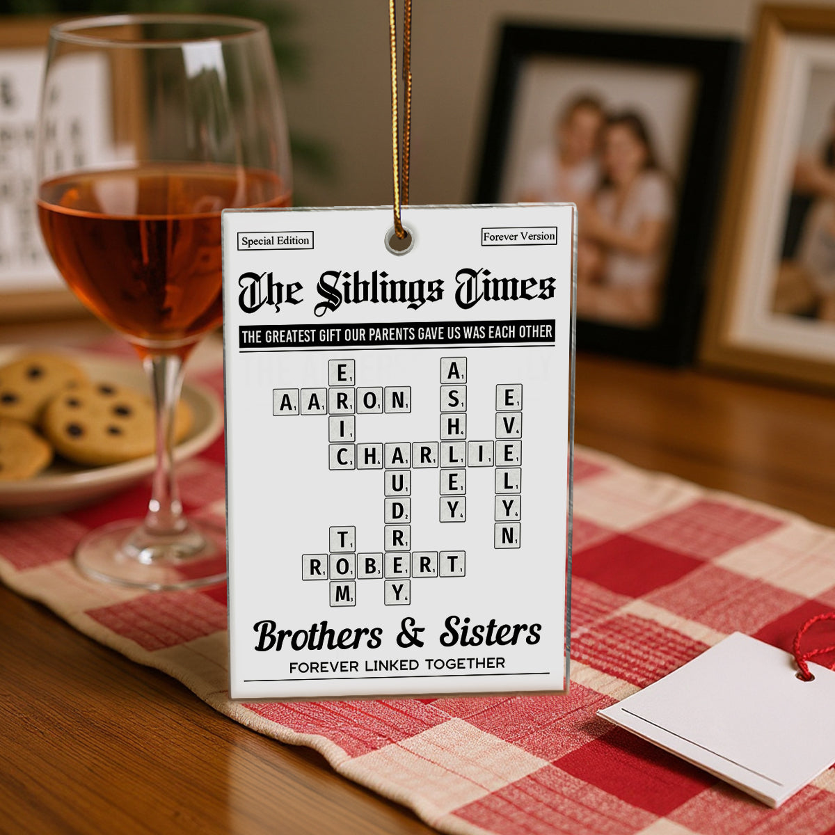 The Siblings Times Crossword Puzzle Newspaper Style - Personalized Acrylic Ornament - Christmas Keepsake Gift For Brothers, Sisters