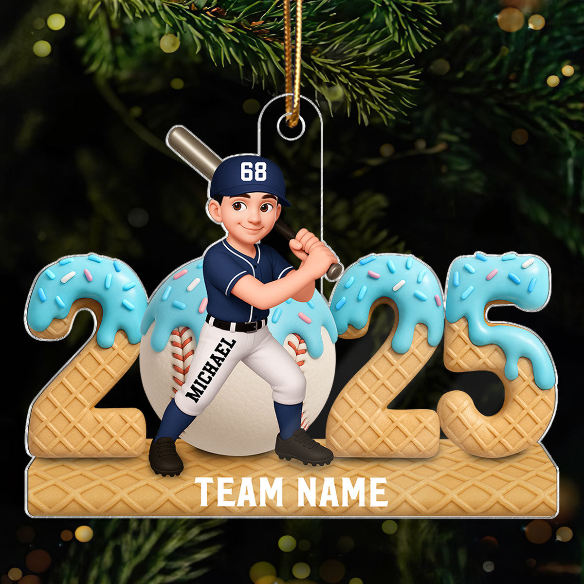 3D Effect Ice Cream Drip Sprinkles Teen Girl Boy Baseball Player - Personalized Acrylic Ornament - Christmas Gift For Kids, Granddaughter, Grandson, Daughter, Son