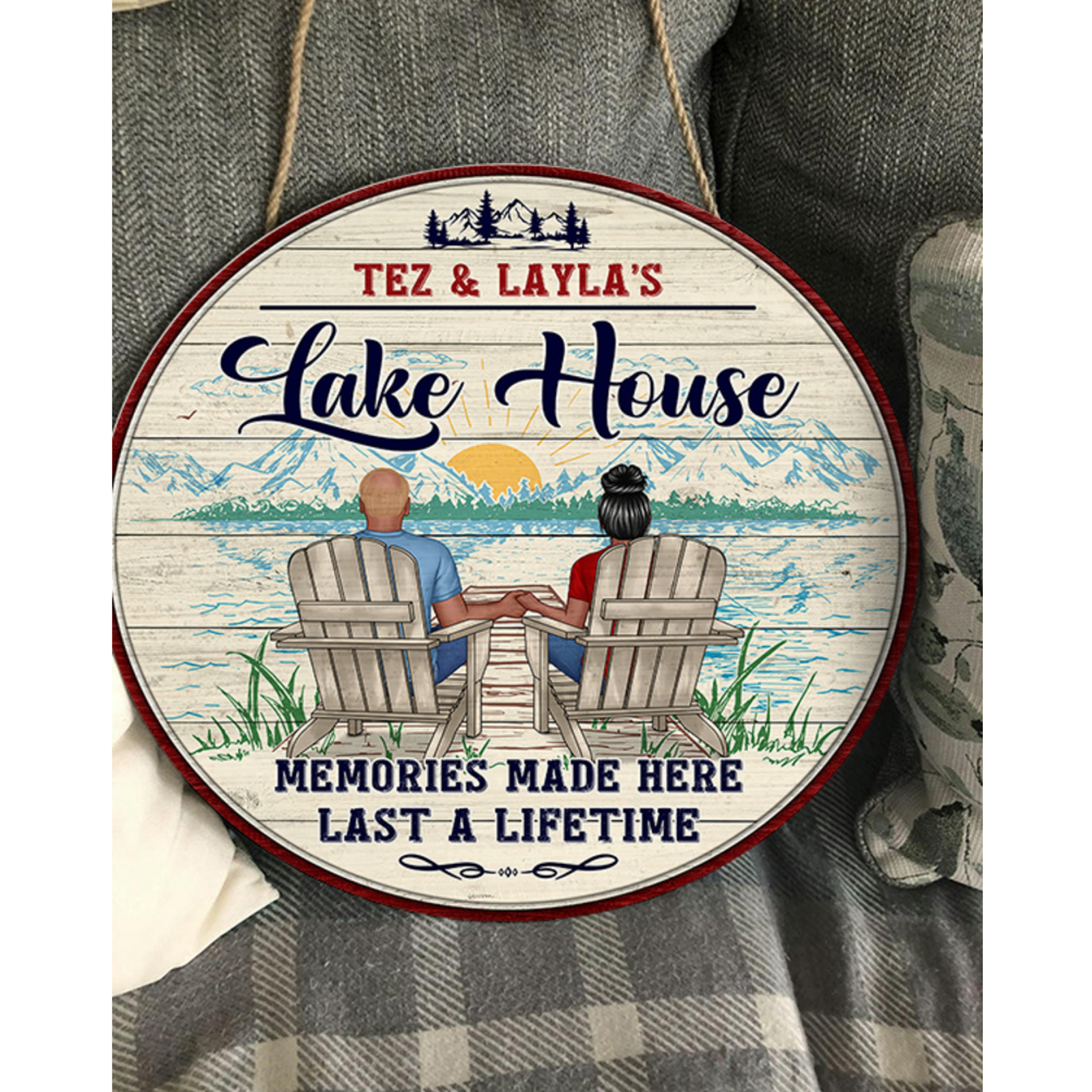 Memories Made Lake House Couple Sitting Personalized Wood Sign
