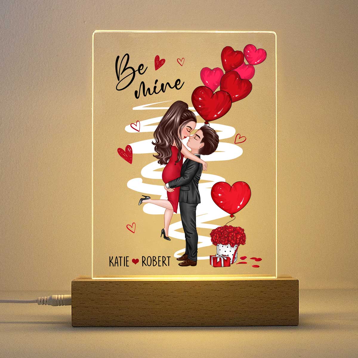 Be Mine Doll Couple Kissing - Personalized Acrylic Block Plaque LED Night Light - Anniversary Gift For Him, Gift For Her