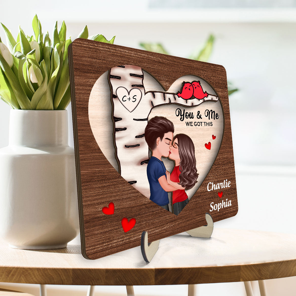 Couple Kissing Under Tree With Love Birds Personalized 2-Layer Wooden Plaque