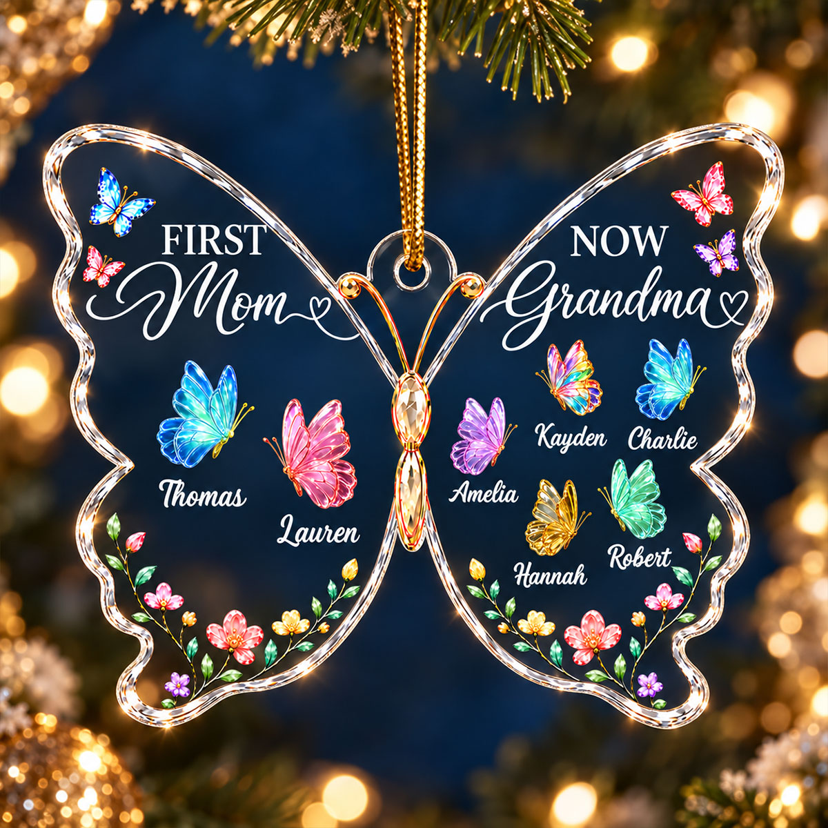 First Mom Now Grandma Butterfly - Personalized Acrylic Ornament - Christmas Gift for Mom, Grandma