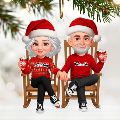 3D Effect Christmas Couple Sitting On Rocking Chair - Personalized Acrylic Ornament - Heartfelt Gift For Couple