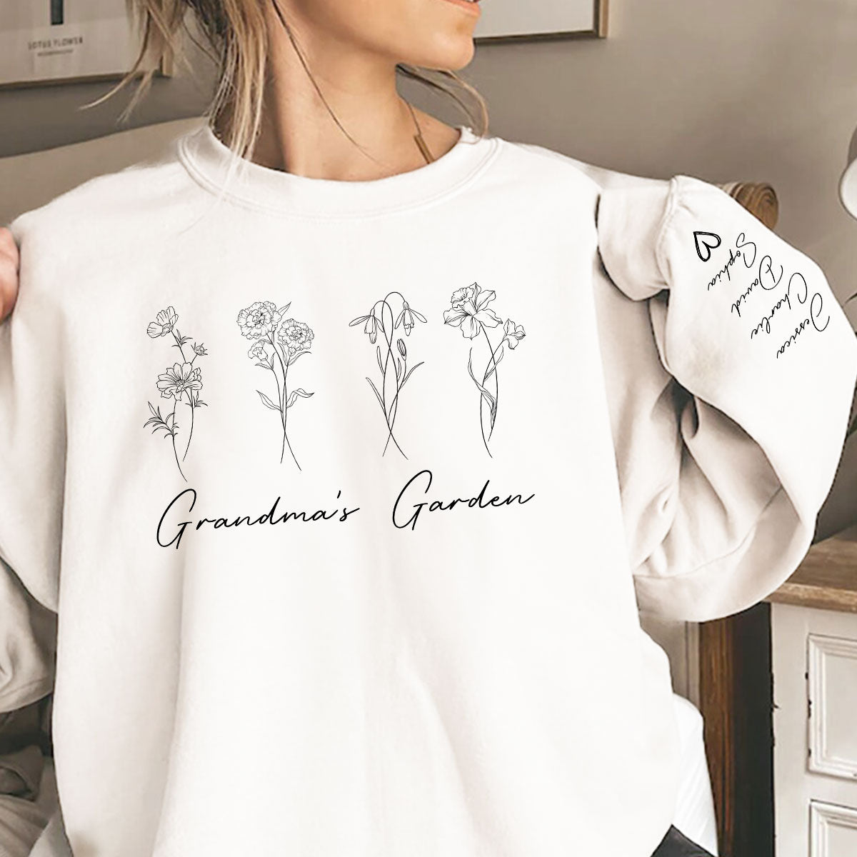 Outline Birth Month Flowers Personalized Sleeve Printed Sweatshirt, Gift For Mom Grandma Aunt