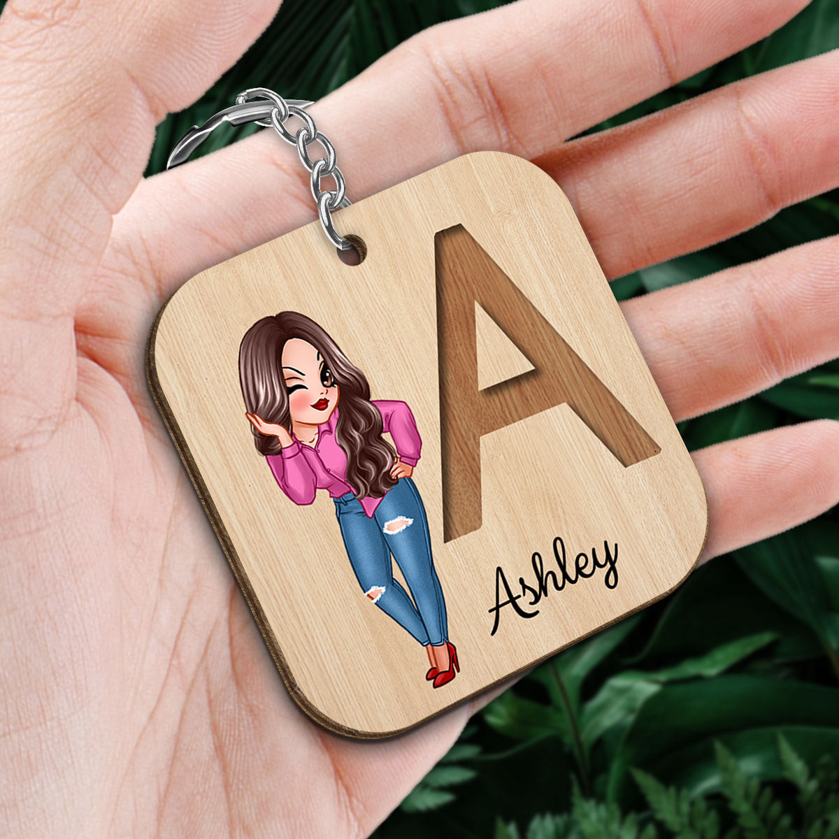 Custom Character & Birth Flower Initial Name Birthday Gift For Family Friends Personalized Wooden Keychain