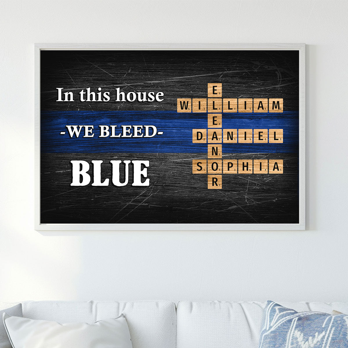 In This House We Bleed Blue Family Crossword Art Puzzle, Personalized Thin Blue Line Poster, Meaningful Father's Day Gift for Dad, Gift for Husband