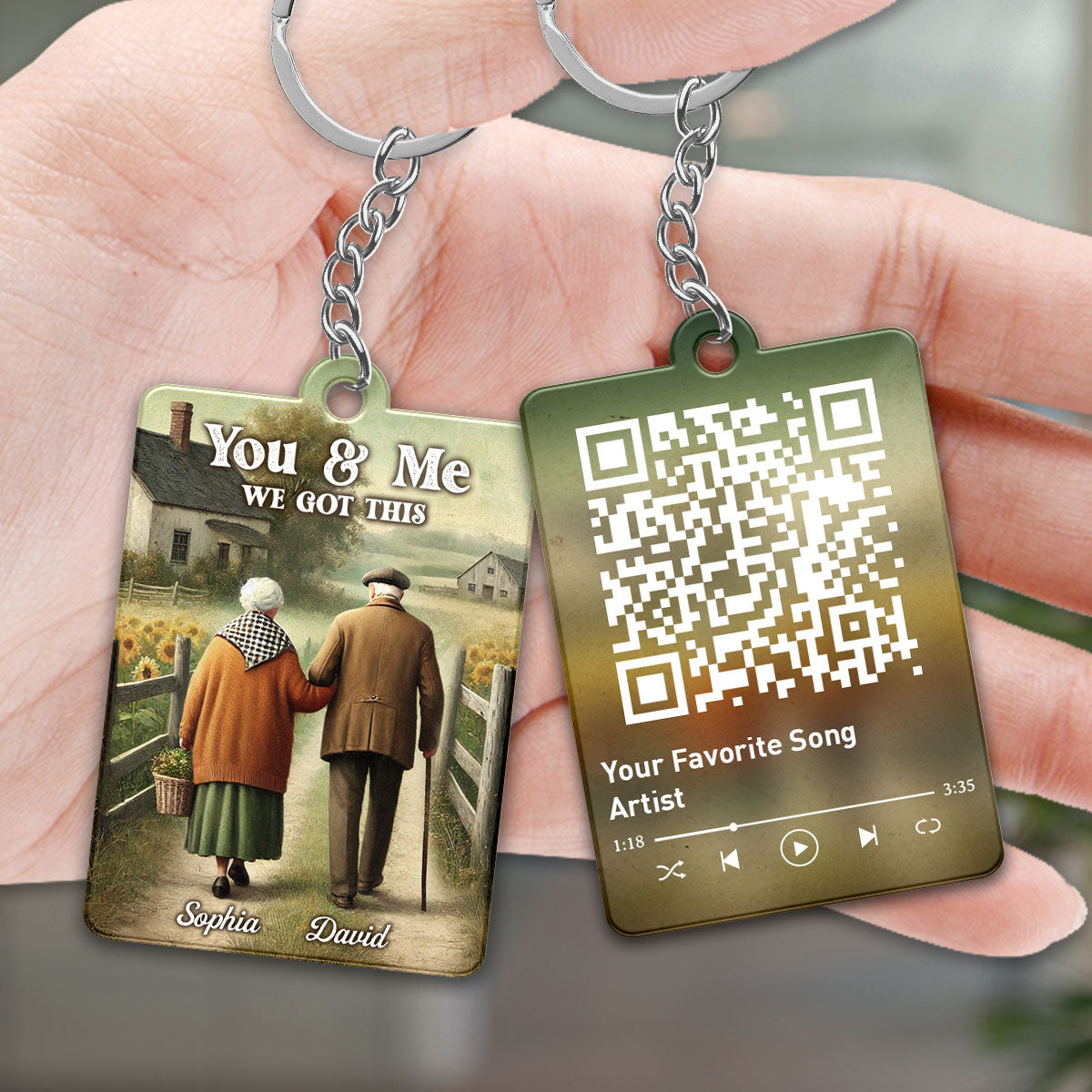 Old Couple Walking Growing Old Together Since Favorite Song Scannable QR Code Personalized Keychain, Heartfelt Gift For Couple, For Him, For Her, Husband, Wife