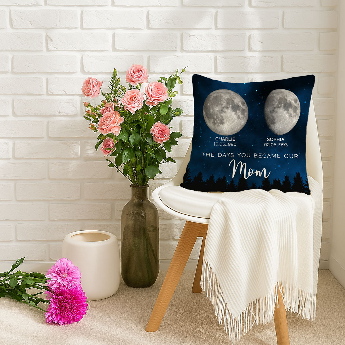 Galaxy Night Custom Birth Moon Phase The Days You Became Our Mom Personalized Pillow
