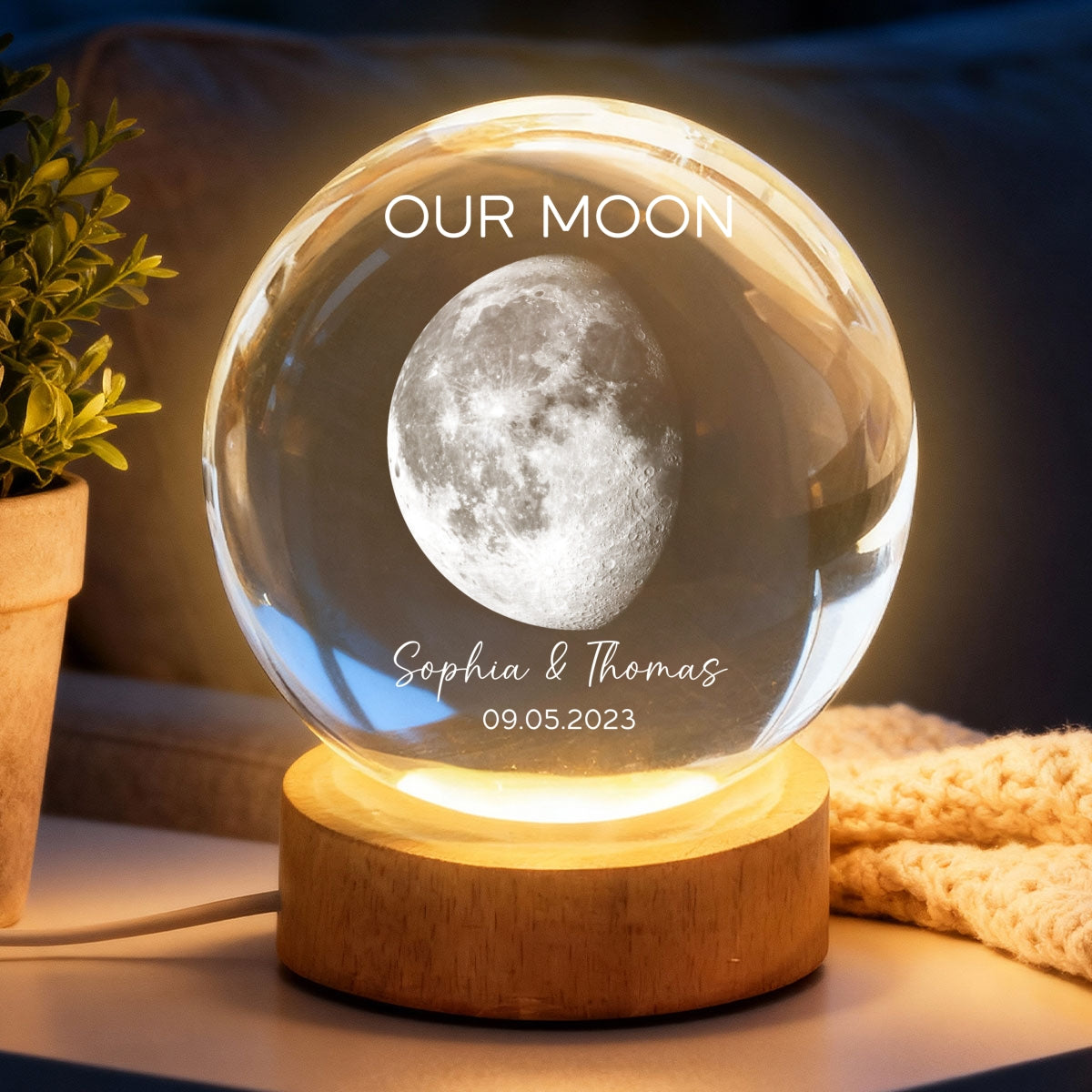 Our Moon Special Day Custom Moon Phase - Personalized Crystal Ball LED Night Light - Heartfelt Gift For Couple