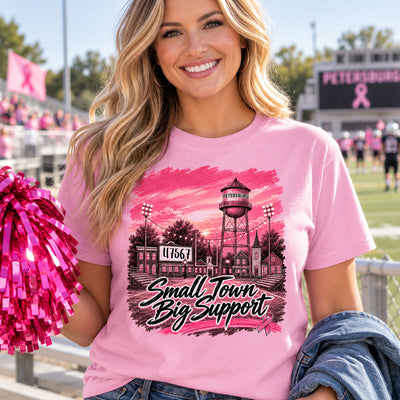 Small Town Big Support Breast Cancer Ribbon Football - Personalized Shirt - Coquette Game Day Mom Tee