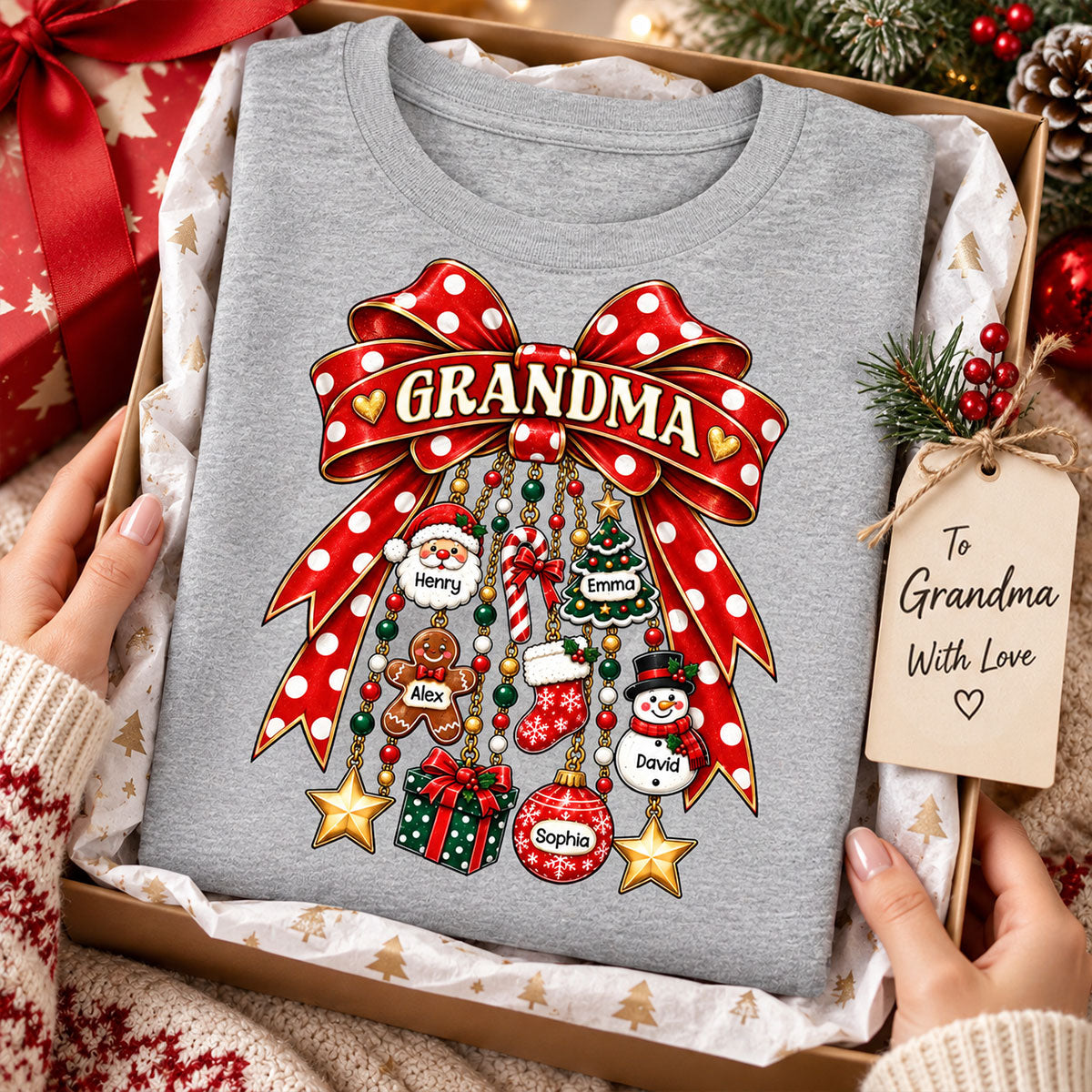 Grandma Retro Christmas Charm Bow - Personalized Shirt - Trendy Christmas Tee for Grandma