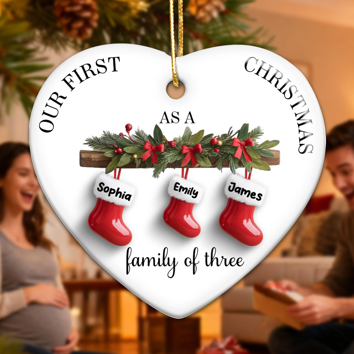 Family First Christmas Stockings 3D Effect - Personalized Ceramic Ornament - Christmas Tree Decor For Family
