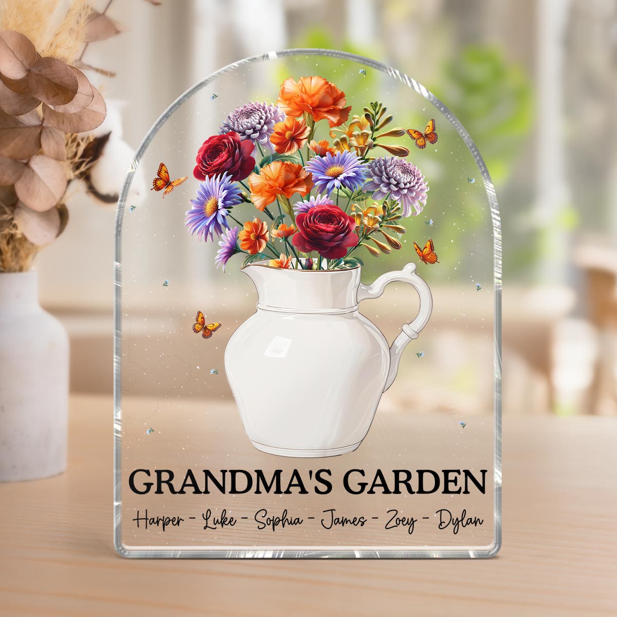 Grandma's Garden 3D Effect Birth Month Flower Vase Personalized Acrylic Block Plaque, Gift For Grandma