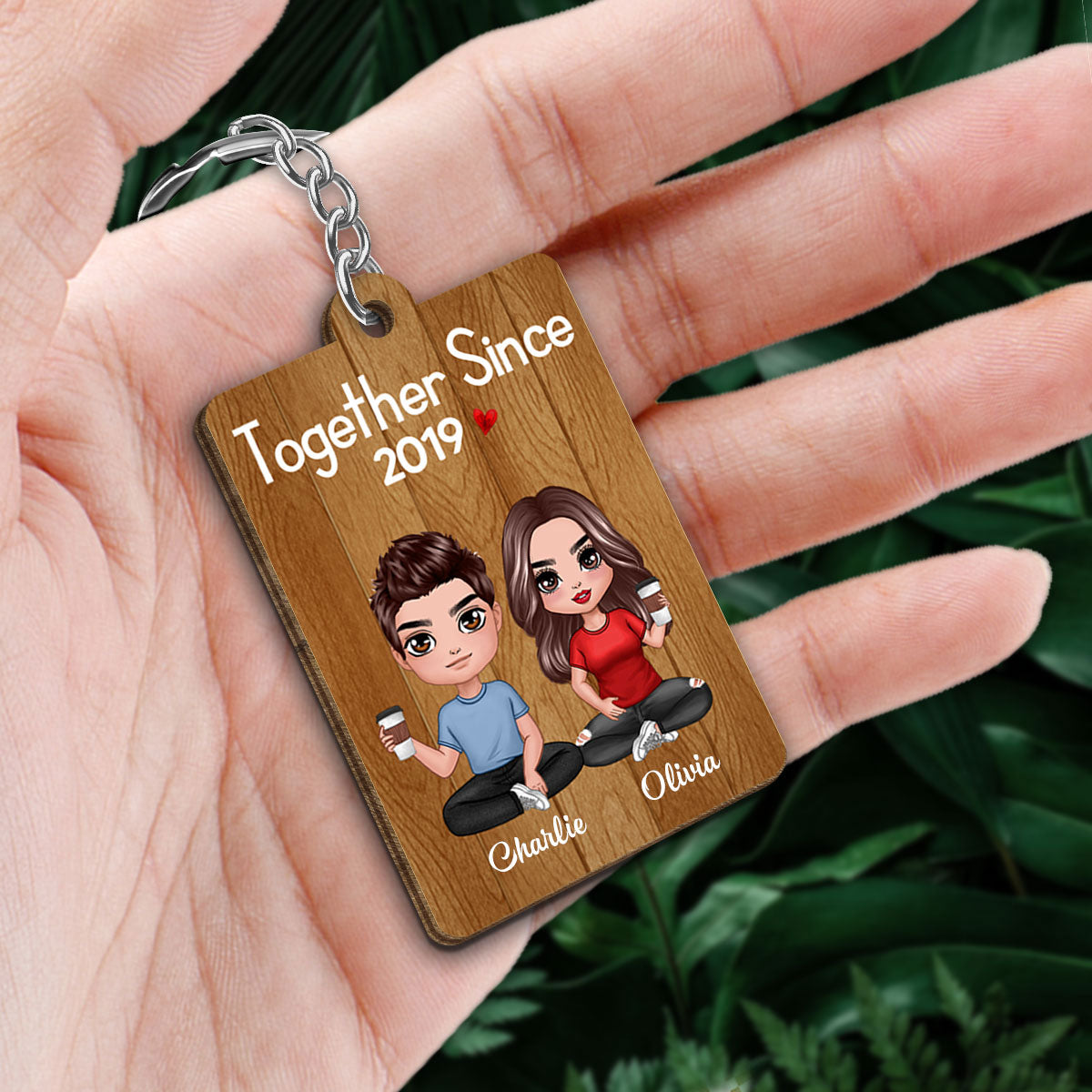 Doll Couple Sitting Favorite Song Scannable QR Code Personalized Wooden Keychain