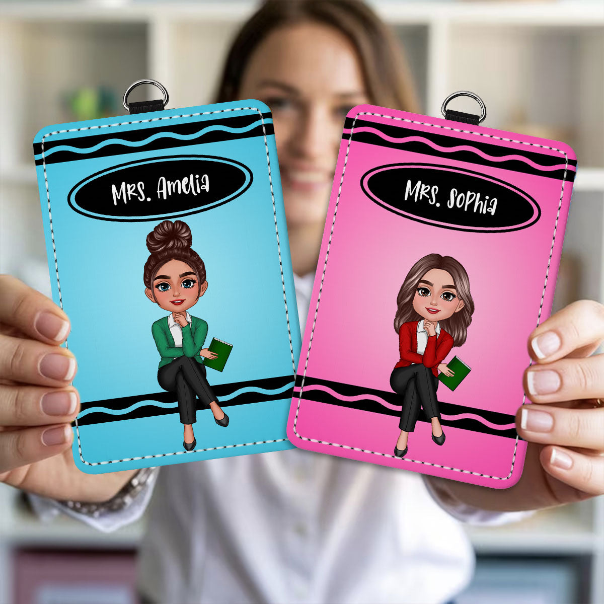 Crayon Themed Teacher Sitting Personalized ID Badge Holder, Back To School Gift